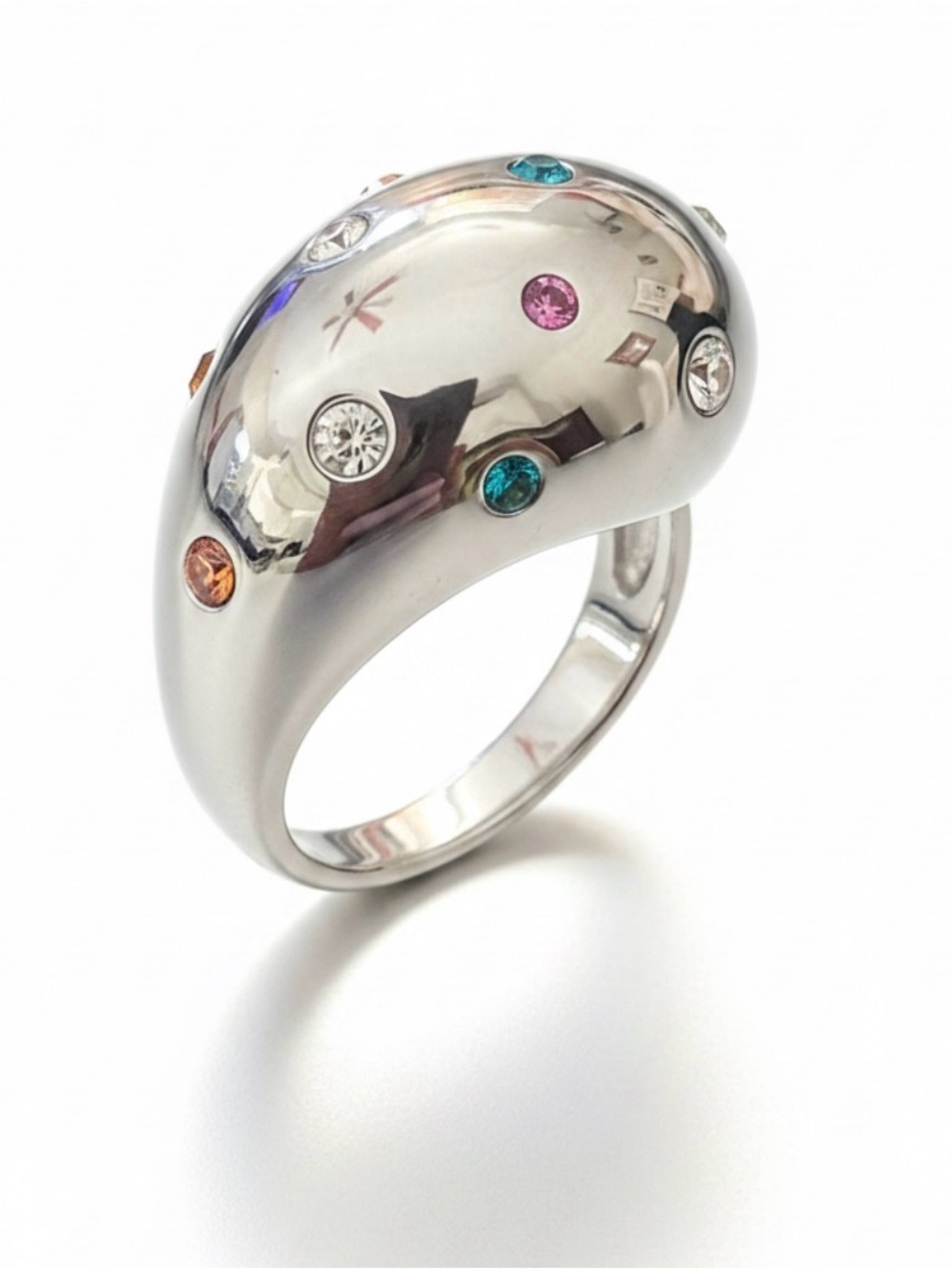 Silver Tone Multi-Gem Dome Ring - Colorful Accent Stones